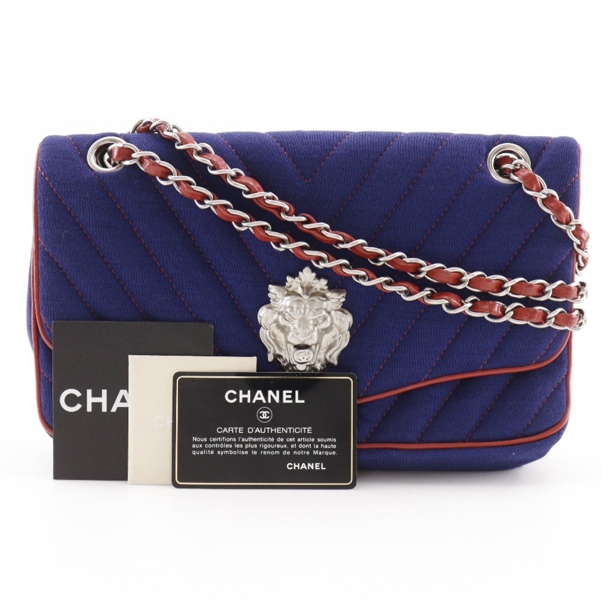 Chanel CHANEL Double Chain Shoulder Bag, V-Stitch, Lion Chevron, Cotton, 2010, Navy/Red, A5, Turnlock, Women's Size ONE SIZE - 17 Thumbnail