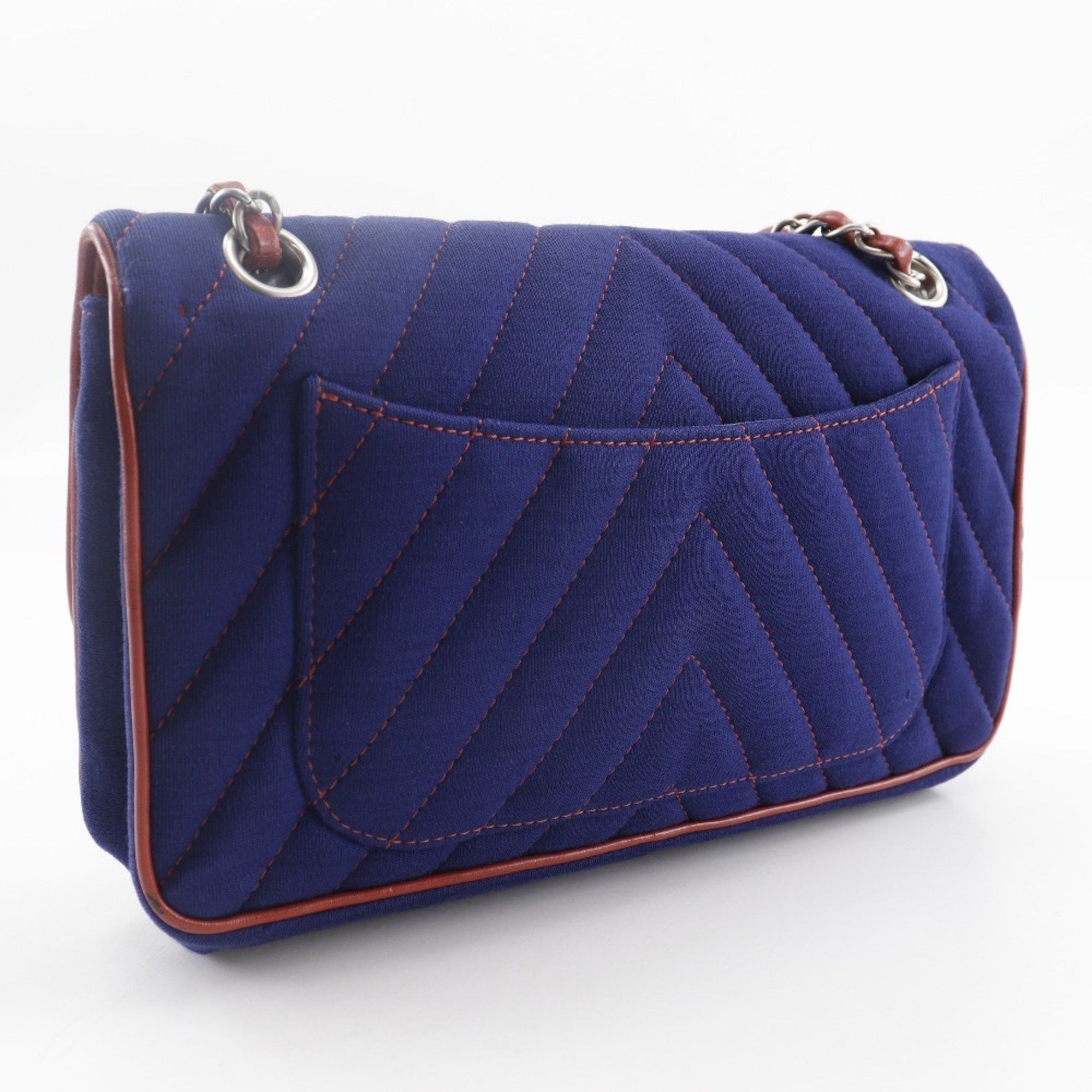 Chanel CHANEL Double Chain Shoulder Bag, V-Stitch, Lion Chevron, Cotton, 2010, Navy/Red, A5, Turnlock, Women's Size ONE SIZE - 3 Thumbnail