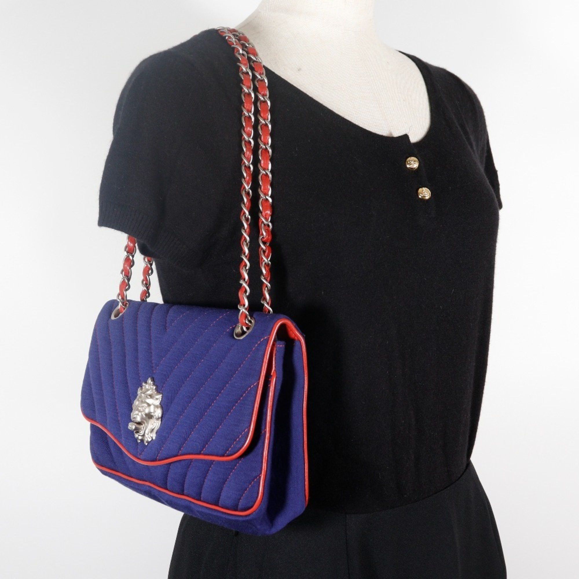 Chanel CHANEL Double Chain Shoulder Bag, V-Stitch, Lion Chevron, Cotton, 2010, Navy/Red, A5, Turnlock, Women's Size ONE SIZE - 16 Thumbnail