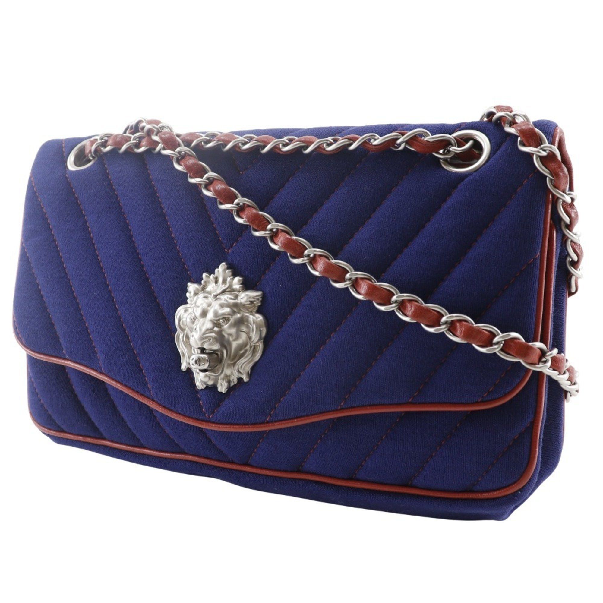 Chanel CHANEL Double Chain Shoulder Bag, V-Stitch, Lion Chevron, Cotton, 2010, Navy/Red, A5, Turnlock, Women's Size ONE SIZE - 2 Thumbnail