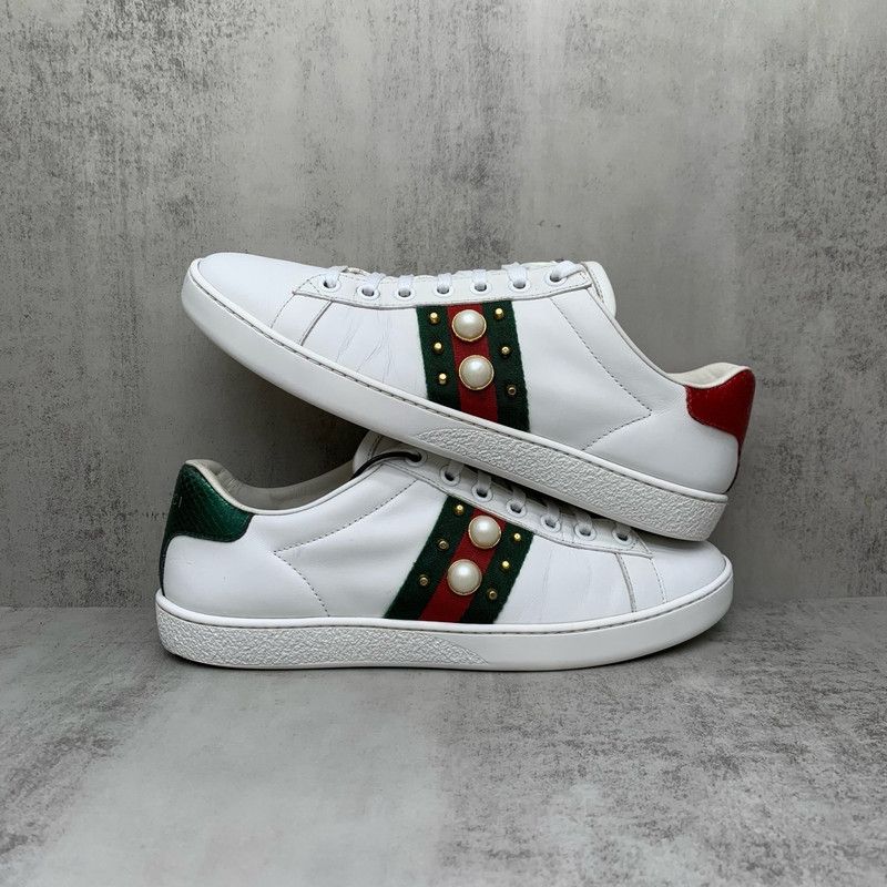 Gucci Gucci White Leather Sneakers with Pearl Accents 0079 Size US 6.5 / EU 39-40 - 6 Thumbnail