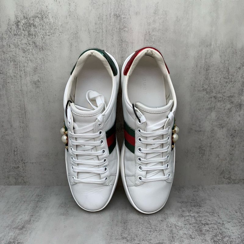 Gucci Gucci White Leather Sneakers with Pearl Accents 0079 Size US 6.5 / EU 39-40 - 8 Thumbnail