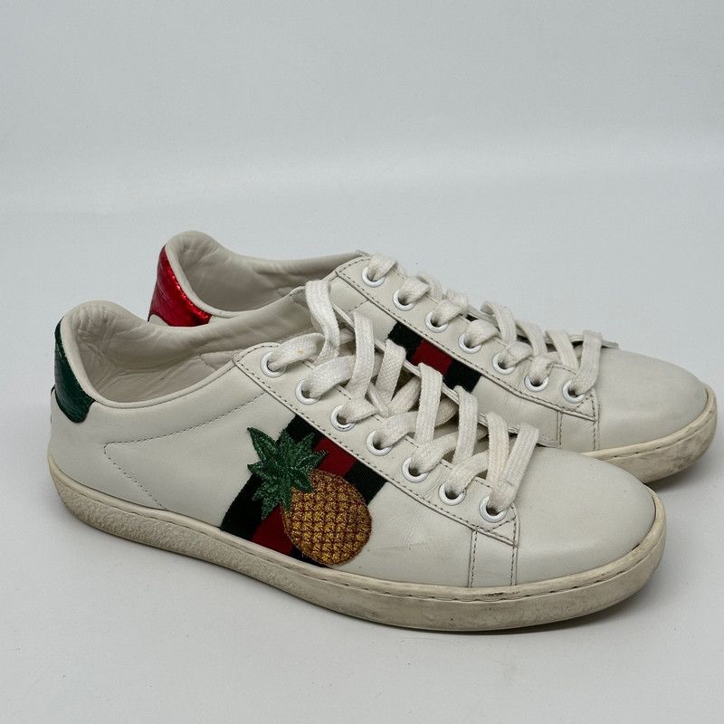 Gucci Gucci Ace Leather Sneakers with Pineapple Embroidery 0079 Size US 5 / IT 35 - 3 Thumbnail