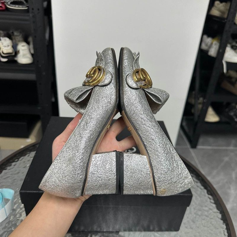Gucci Gucci Silver Square Toe Block Heel Pumps 0079 Size US 5 / IT 35 - 6 Thumbnail