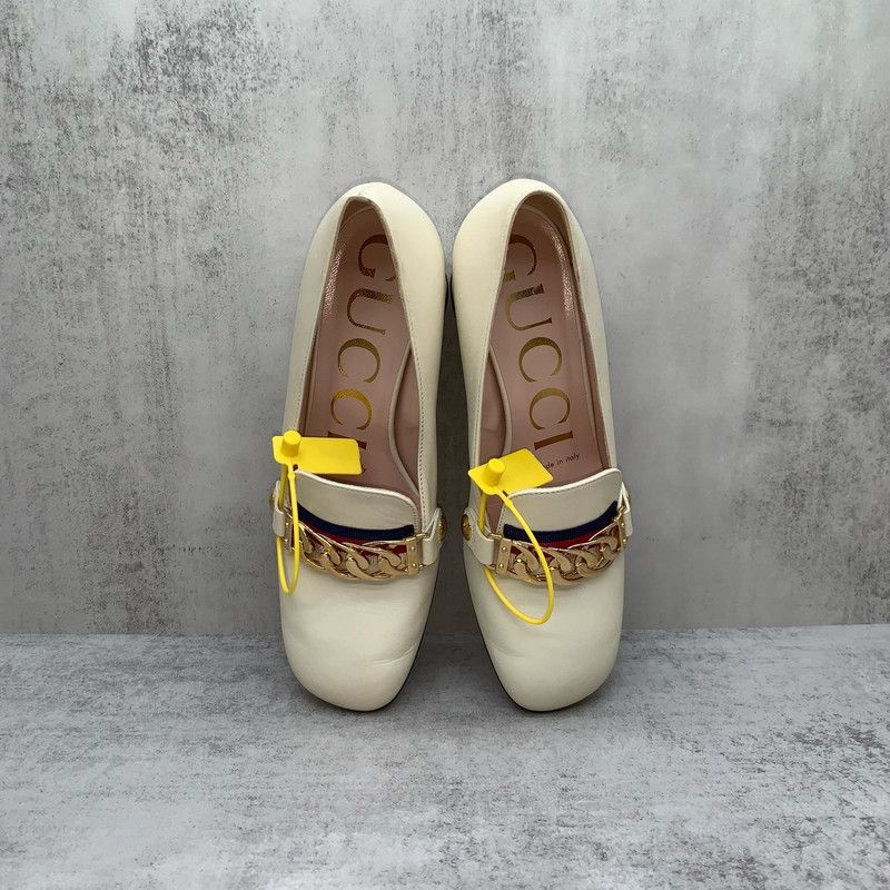 Gucci Gucci Sylvie Beige Leather Chunky Heels 0079 Size US 5 / IT 35 - 8 Thumbnail