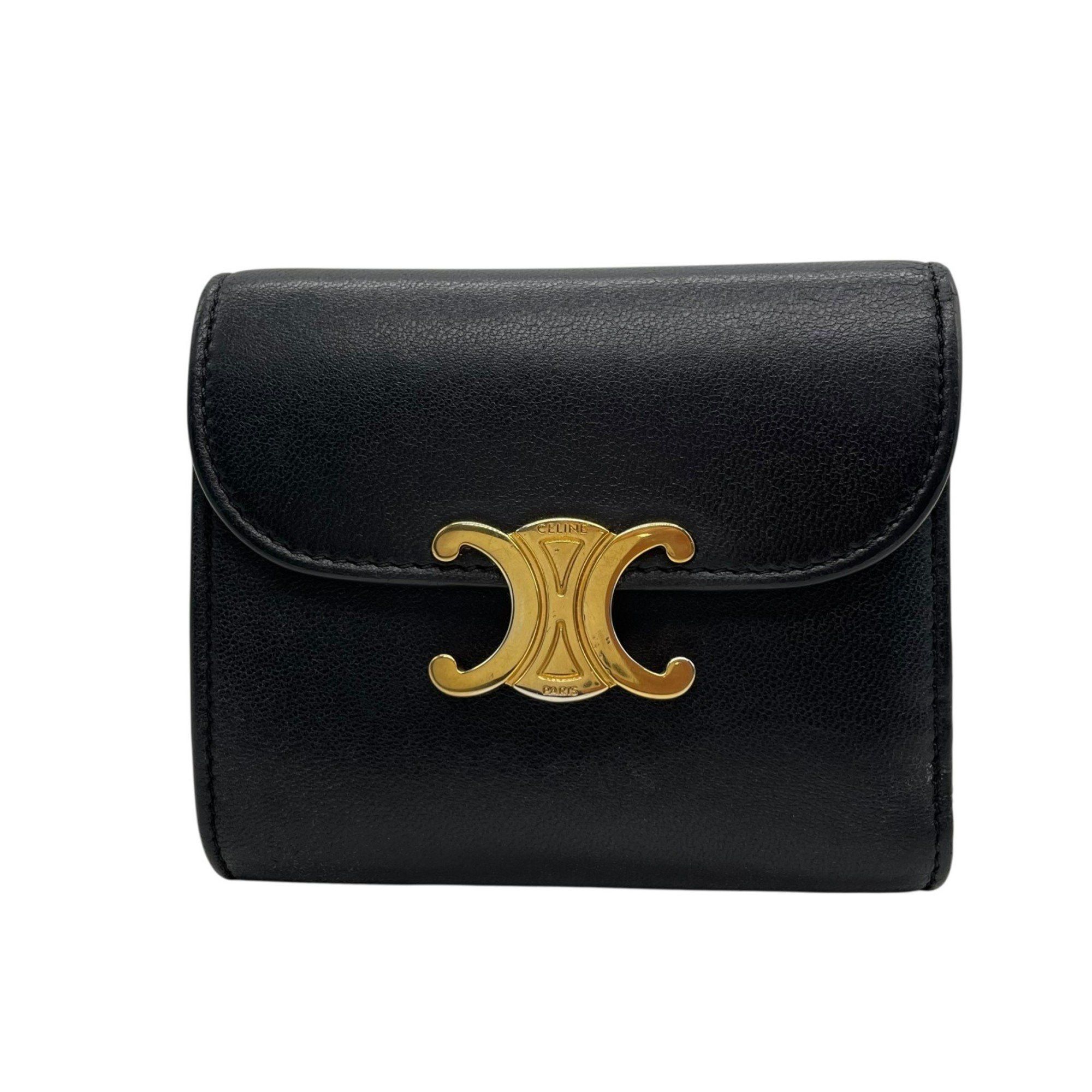 CELINE Triomphe Compact Wallet, Tri-fold Black Leather, Gold