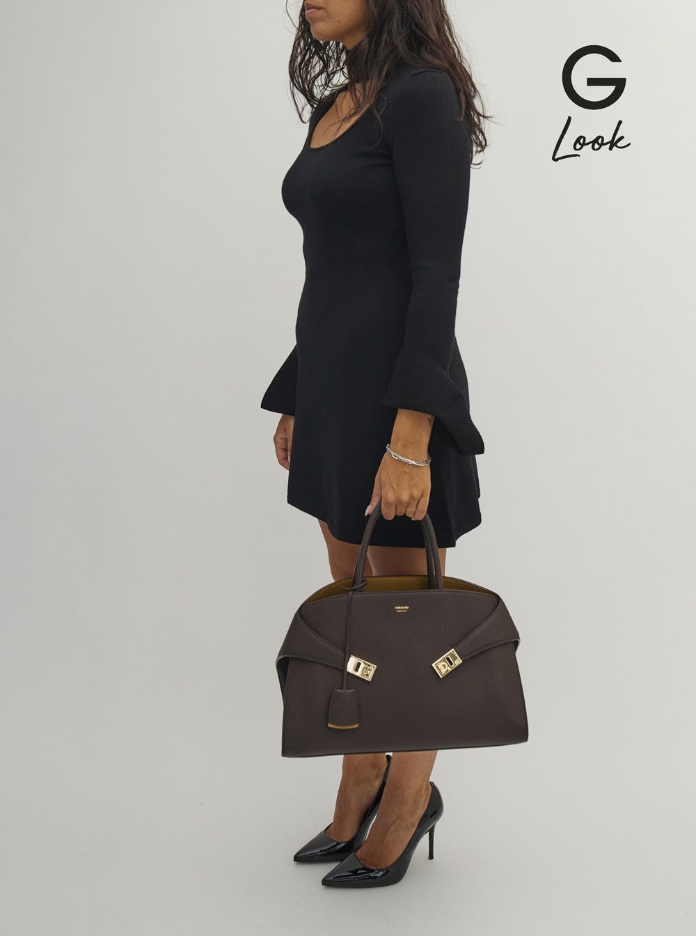 Salvatore Ferragamo Brown Handbag 'Hug Bicolor' with Logo and Gancini Buckles in Leather for Women Size ONE SIZE - 6 Thumbnail