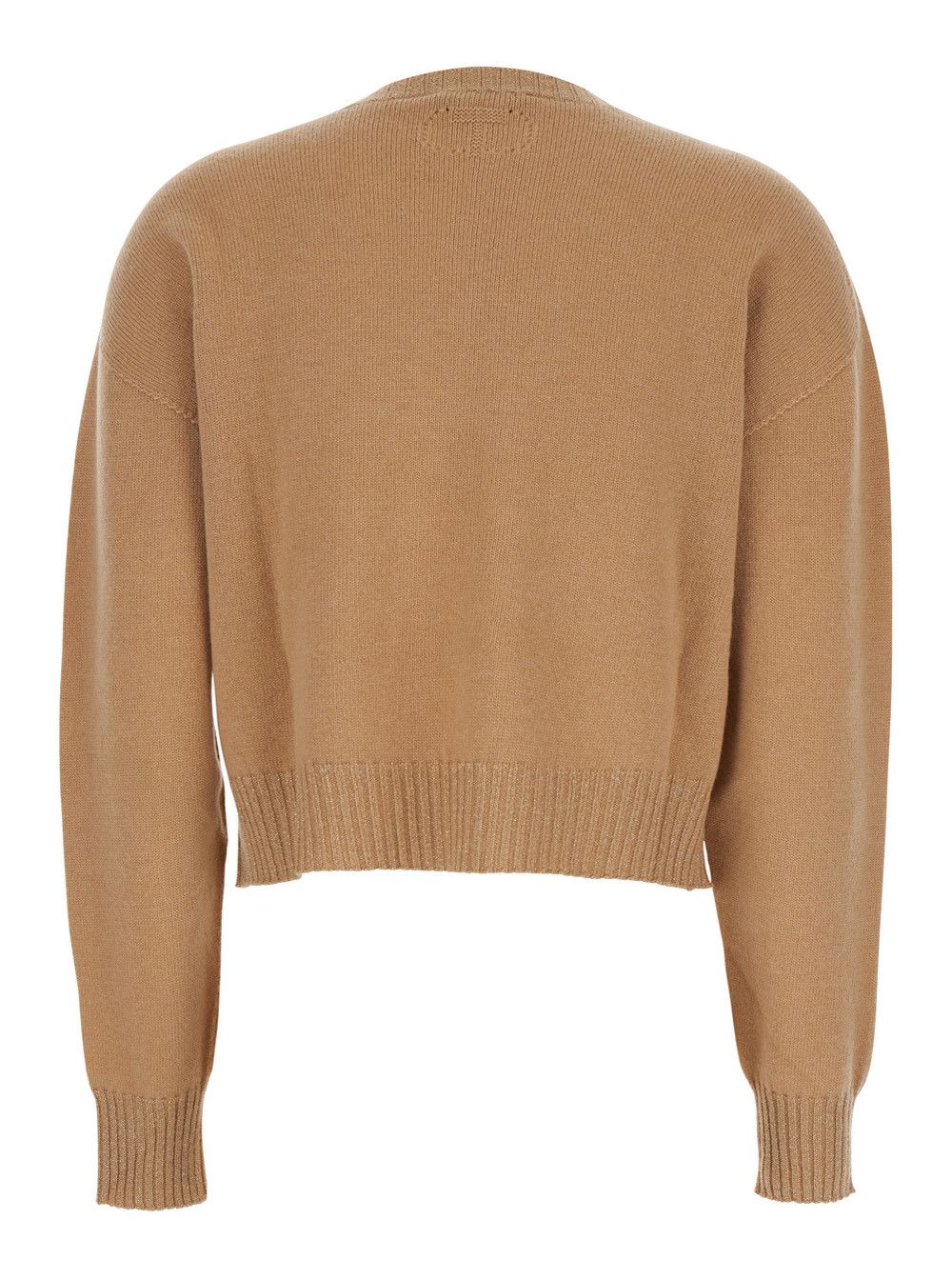 TWINSET Beige Crew Neck Sweater with Dropped Shoulder and Ribbed Details in Wool Woman Size S / US 4 / IT 40 - 2 Thumbnail