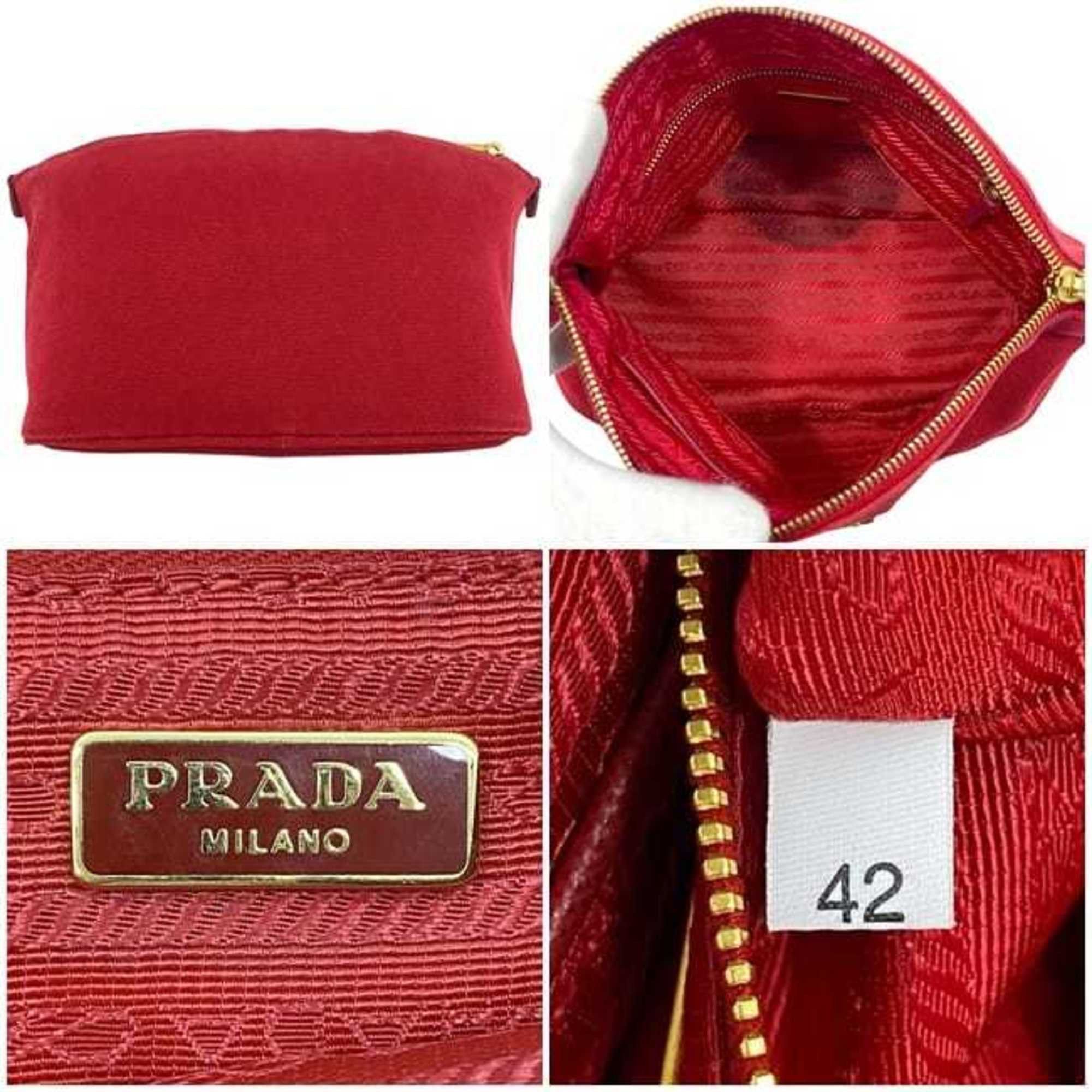Prada Prada Canapa Pouch ec-23779 Red ROSSO 1N1857 Canvas Leather 42 PRADA Triangle Plate for Men and Women Size ONE SIZE - 4 Thumbnail