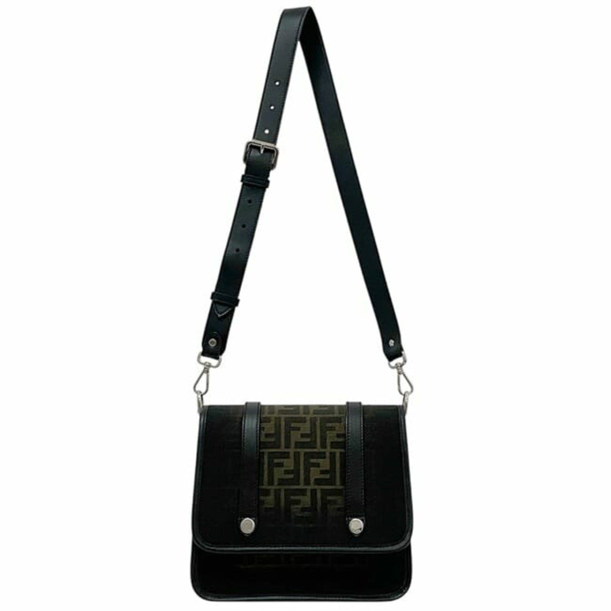フェンディ ショルダーバッグ f-23841 ブラック カーキ ズッカ 7VA601 美品 キャンバス レザー 中古 APD8 239-0059 FENDI クロスボディ 黒 ミニ メッセンジャー FF フラップ マグネット ロゴ 総柄 メンズ レディース 男女兼用 定番 人気 ブランド 本物 鑑定済み Fendi Shoulder Bag f-23841 Black Khaki Zucca 7VA601 Canvas Leather