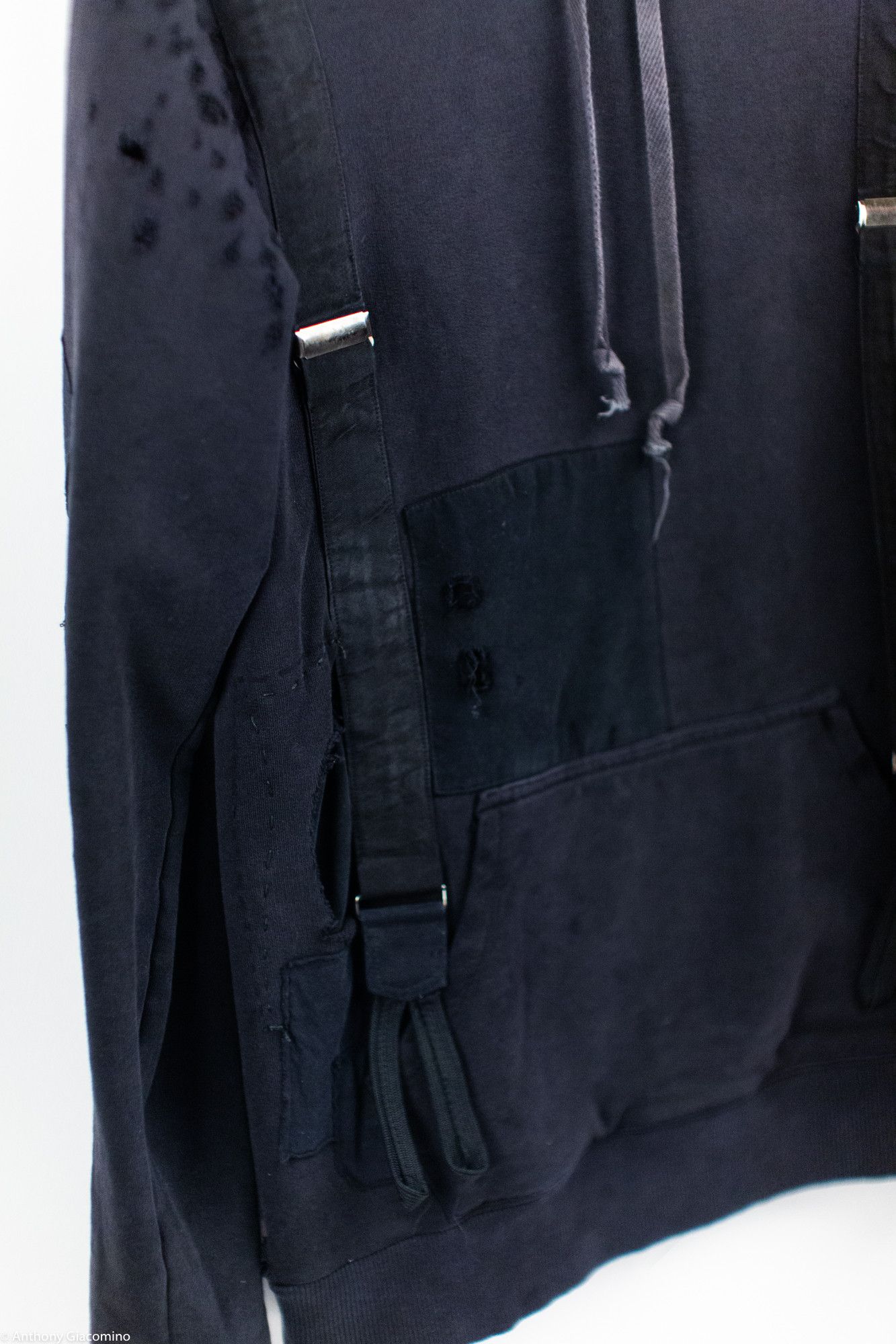 Greg Lauren Black Destroyed Hoodie w/ Attached Suspenders Size US M / EU 48-50 / 2 - 2 Thumbnail