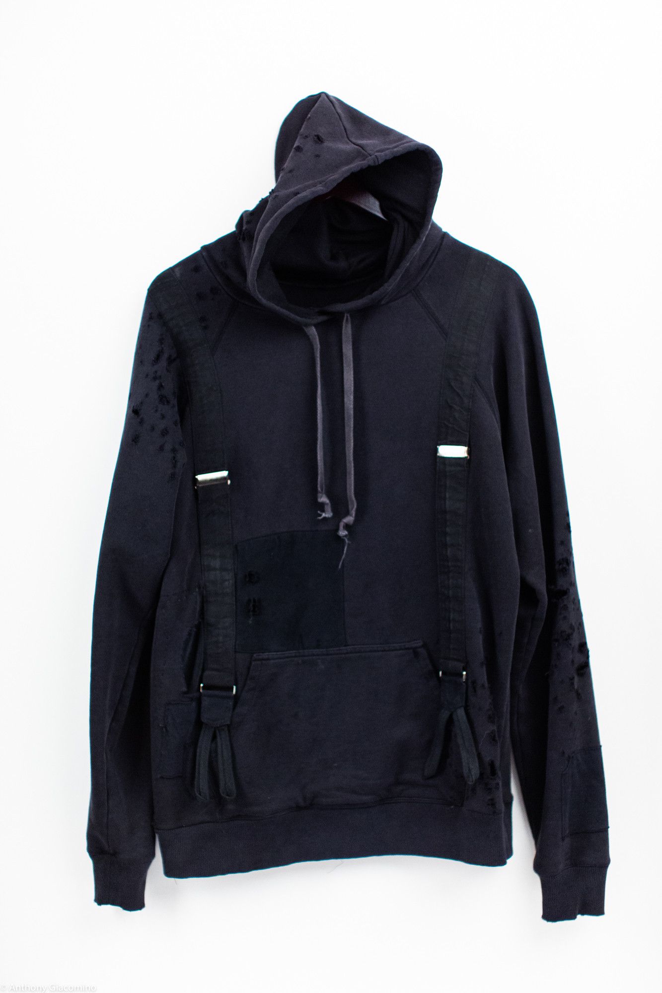 Greg Lauren Black Destroyed Hoodie w/ Attached Suspenders Size US M / EU 48-50 / 2 - 1 Thumbnail