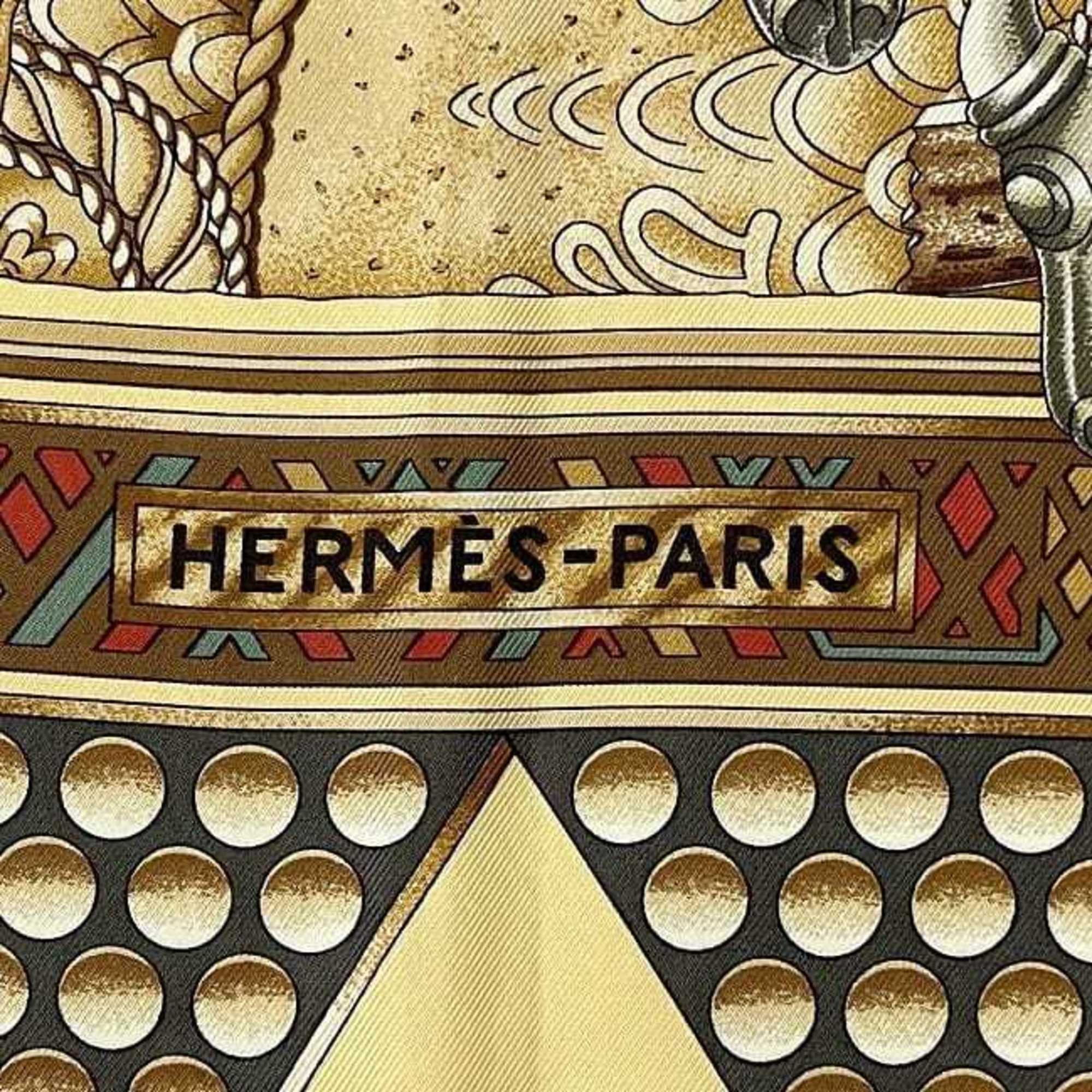 Hermes Hermes Hermès Carré 90 Scarf (ec-23771) in Beige and Brown. Made of 100% Silk, "L'OR DES CHEFS" (The Chiefs' Gold). A large, ethnic scarf from the collection. Size ONE SIZE - 4 Thumbnail