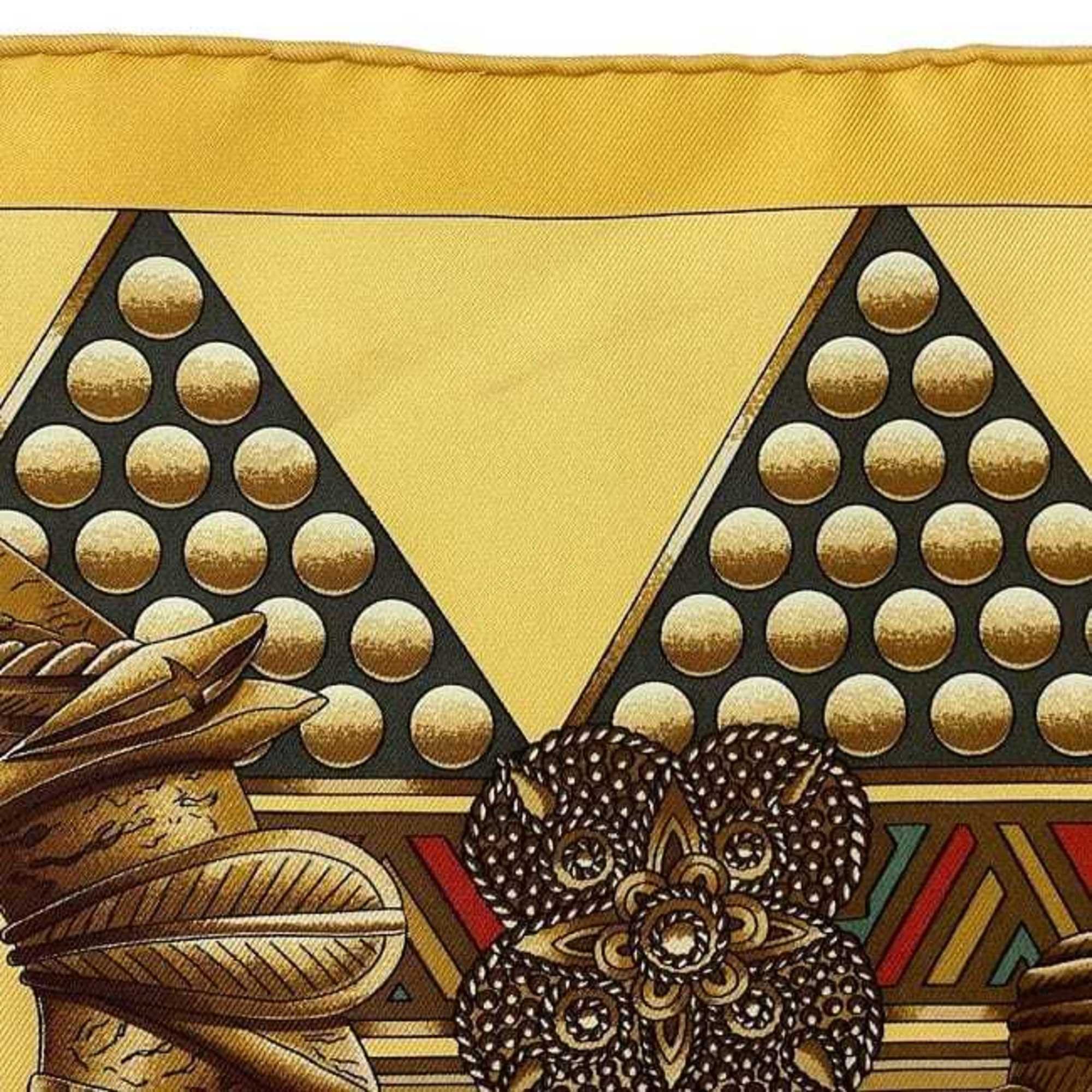 Hermes Hermes Hermès Carré 90 Scarf (ec-23771) in Beige and Brown. Made of 100% Silk, "L'OR DES CHEFS" (The Chiefs' Gold). A large, ethnic scarf from the collection. Size ONE SIZE - 6 Thumbnail