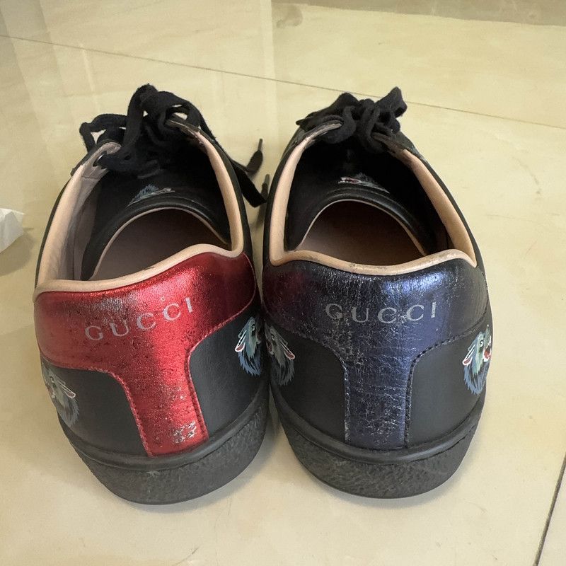 Gucci Gucci Ace Black Leather Sneakers with Wolf Design Size US 8.5 / EU 41-42 - 6 Thumbnail