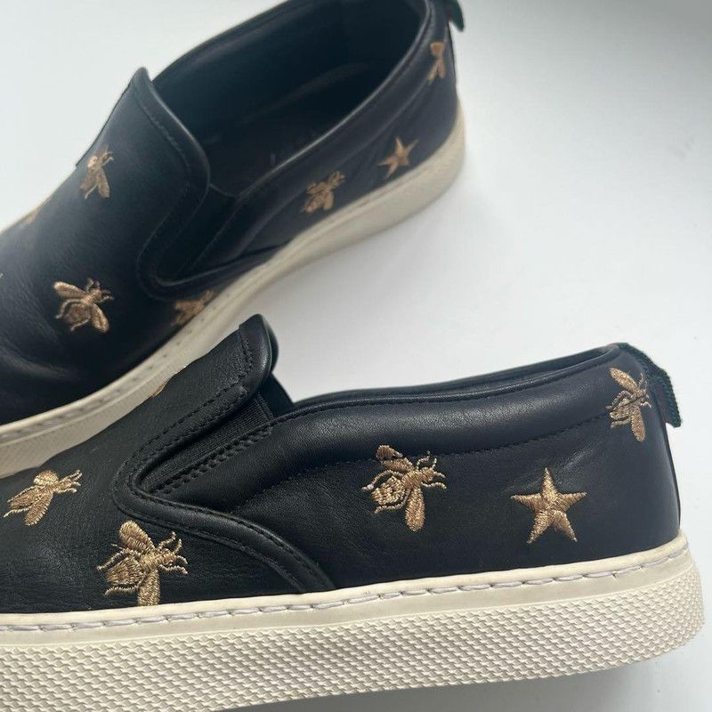 Gucci Gucci Black Leather Slip-On Sneakers with Bee Embroidery Size US 5.5 / EU 38 - 7 Thumbnail