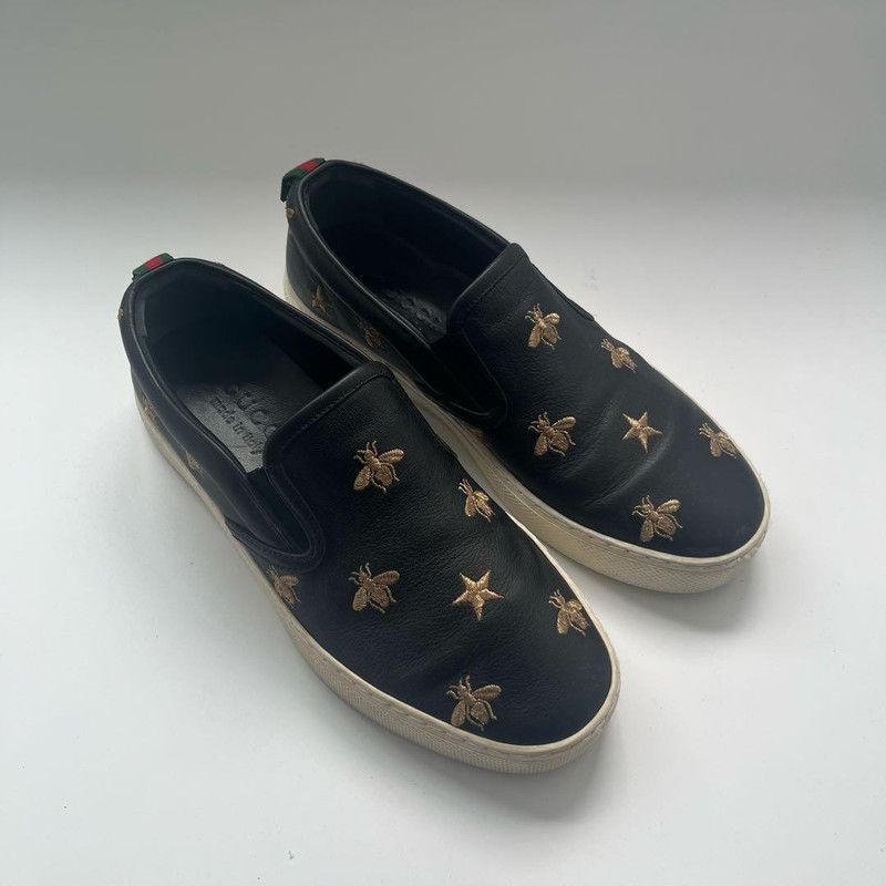 Gucci Gucci Black Leather Slip-On Sneakers with Bee Embroidery Size US 5.5 / EU 38 - 2 Thumbnail