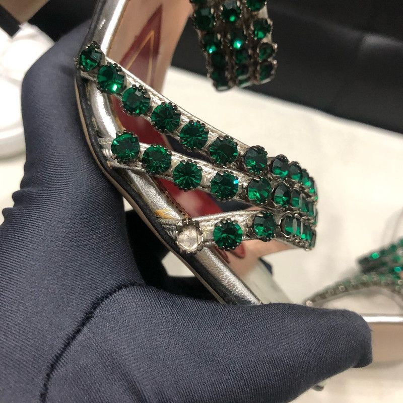 Gucci Silver Heeled Sandals with Green Crystals