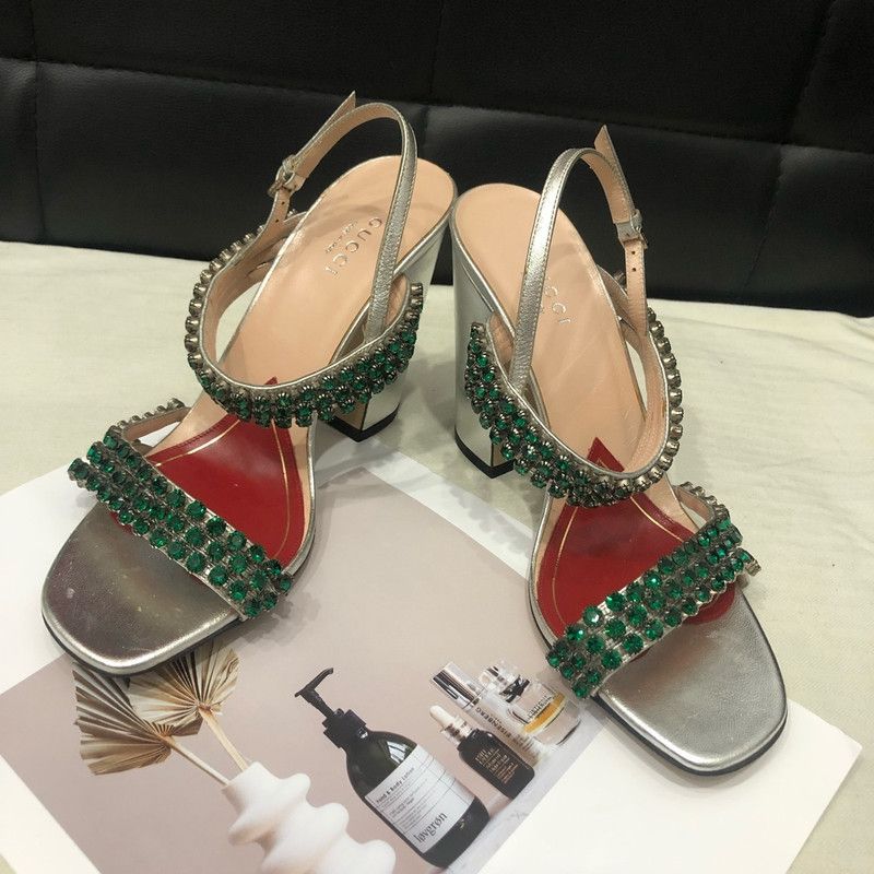 Gucci Silver Heeled Sandals with Green Crystals