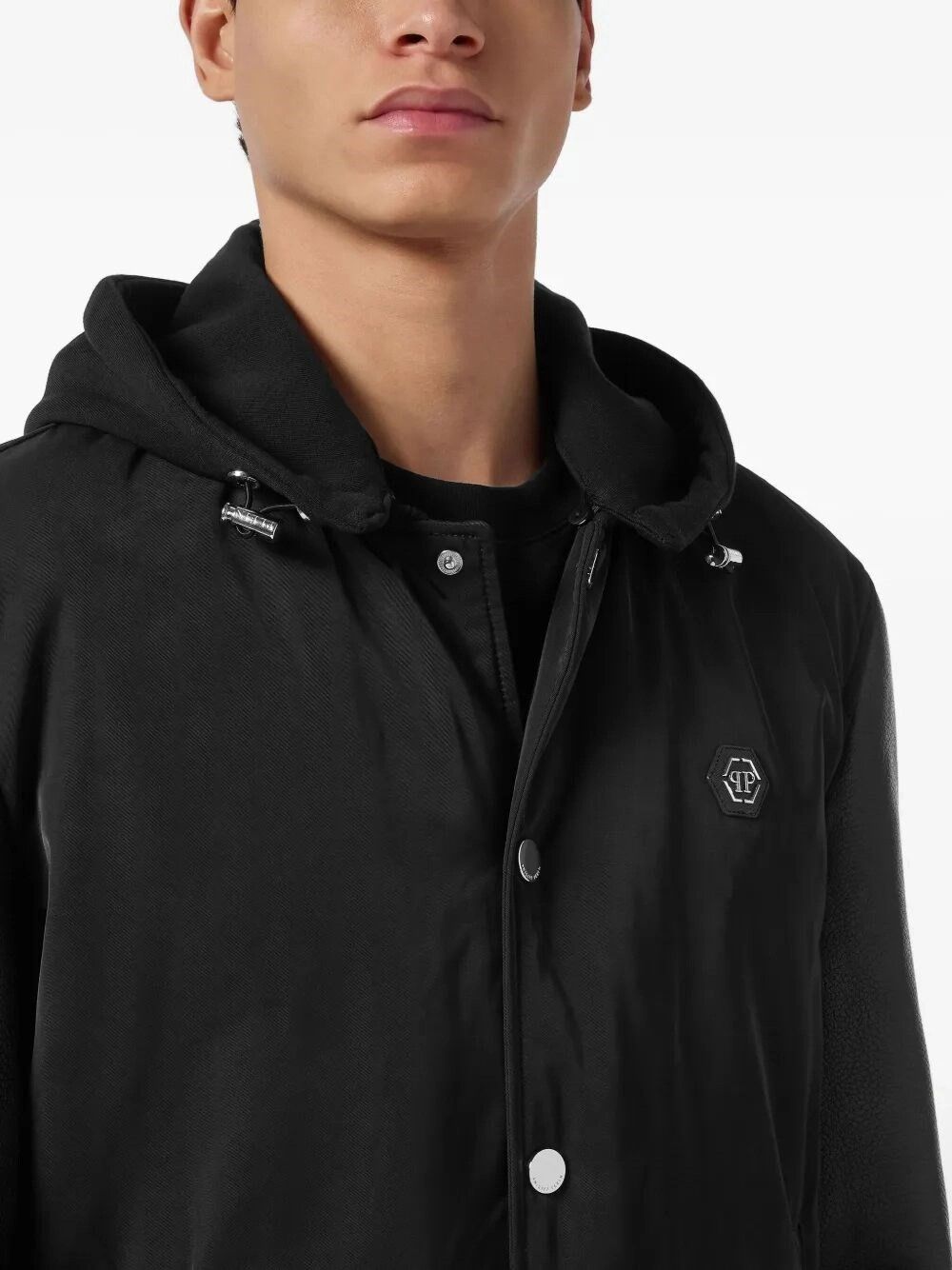 Philipp Plein Nylon And Leather Varsity Bomber Hooded Jacket Size US M / EU 48-50 / 2 - 4 Thumbnail