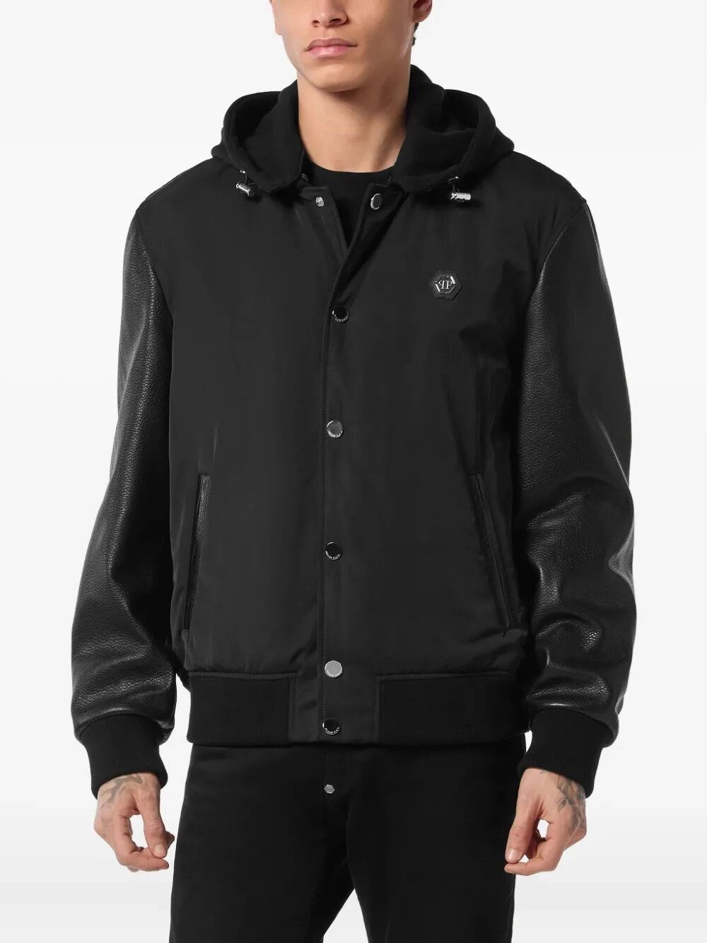 Philipp Plein Nylon And Leather Varsity Bomber Hooded Jacket Size US M / EU 48-50 / 2 - 2 Thumbnail