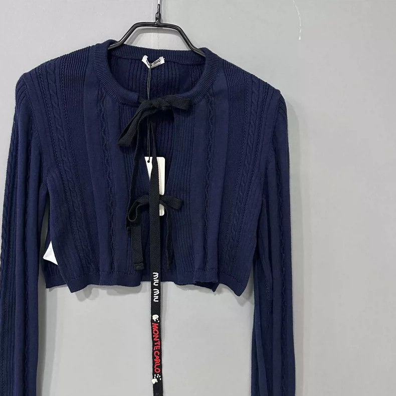 Miu Miu Navy Bow Logo Knit Sweater MIUMIU Size M / US 6-8 / IT 42-44 - 2 Thumbnail
