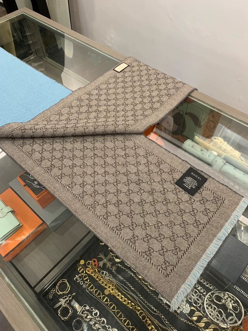 Gucci Gucci Double G Logo Wool Scarf Grey Blue Size ONE SIZE - 5 Thumbnail