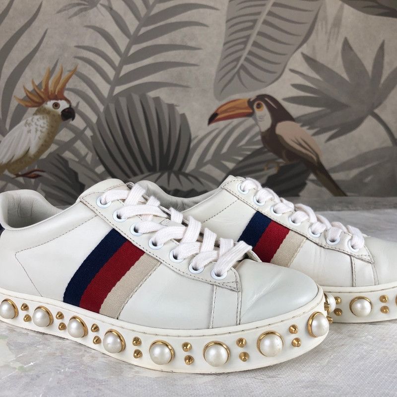 Gucci Gucci Ace Pearl Detail Low-Top Sneakers 0079 Size US 5 / IT 35 - 3 Thumbnail