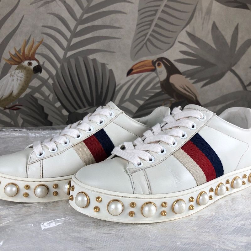 Gucci Gucci Ace Pearl Detail Low-Top Sneakers 0079 Size US 5 / IT 35 - 2 Thumbnail