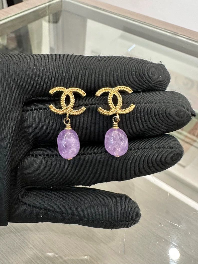 Chanel Chanel Purple Glass Gold Double C Earrings Size ONE SIZE - 2 Thumbnail