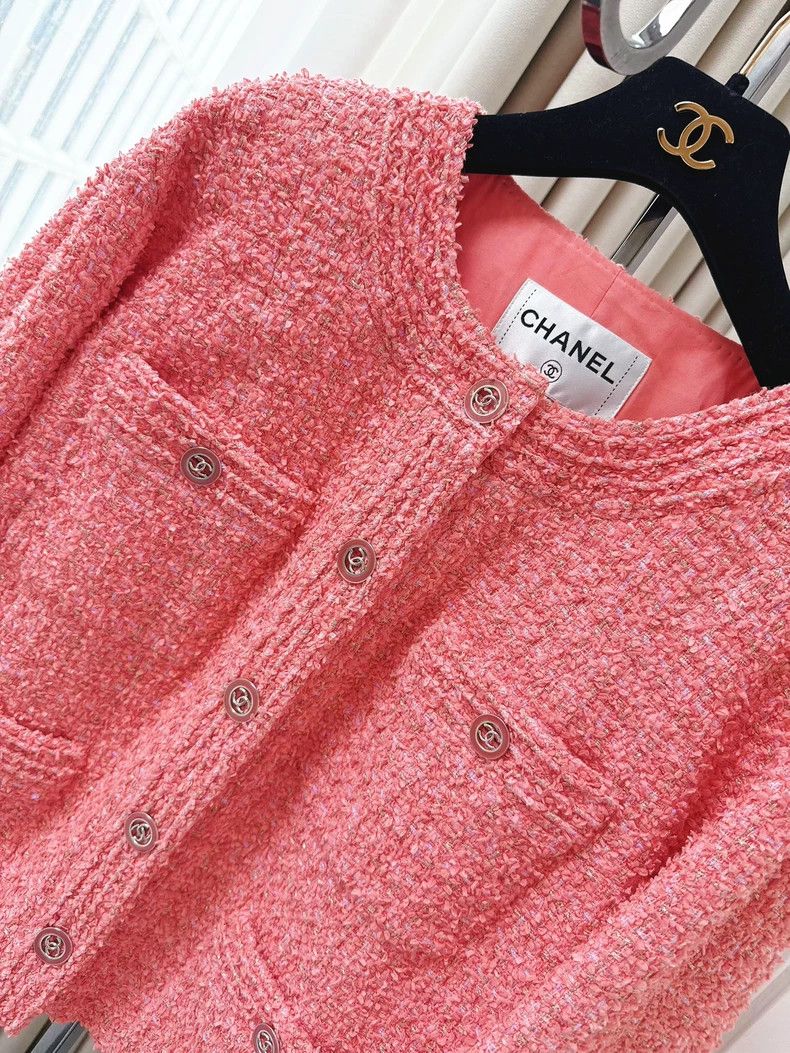 Chanel Chanel Pink Tweed Round Neck Jacket Size L / US 10 / IT 46 - 2 Thumbnail