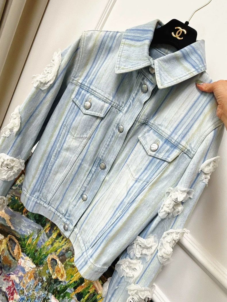 Chanel Chanel Blue Stripe Camellia Denim Jacket Size M / US 6-8 / IT 42-44 - 2 Thumbnail