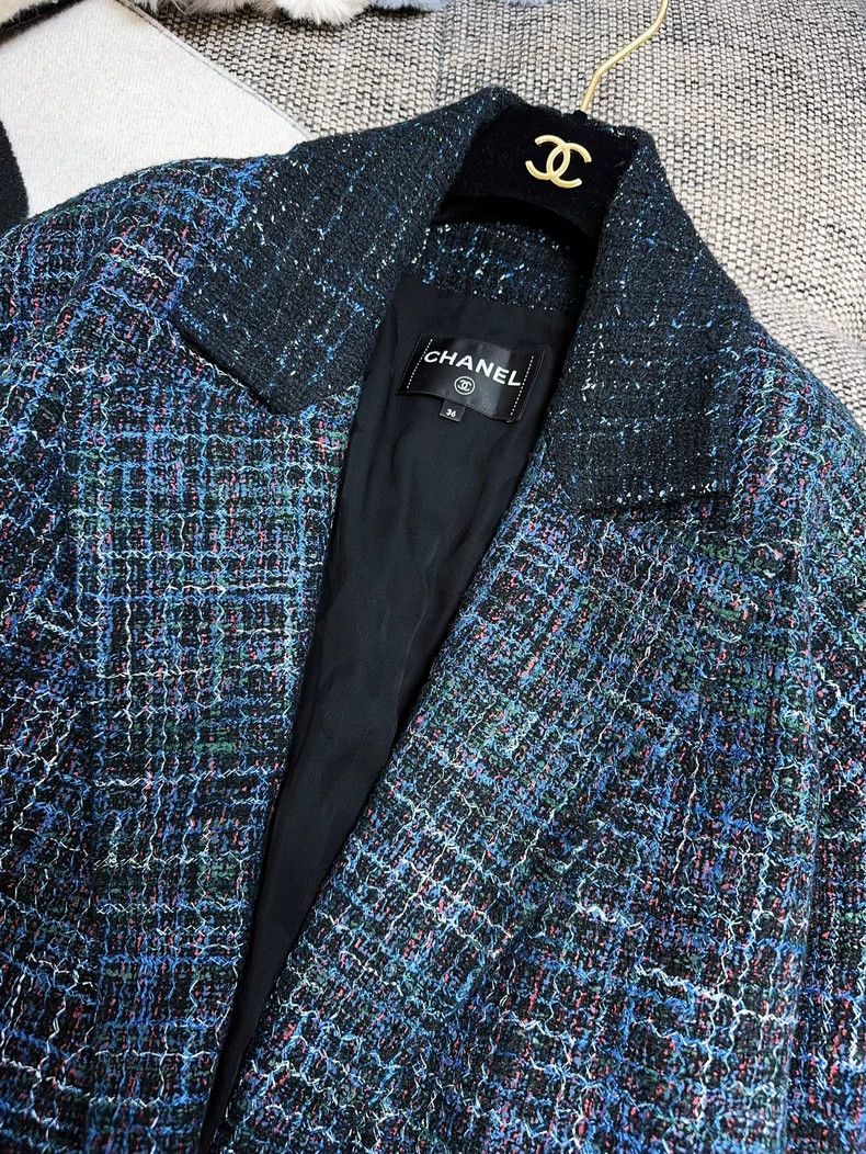 Chanel Chanel 22S Blue Tweed Check Mid-Length Coat Size M / US 6-8 / IT 42-44 - 3 Thumbnail