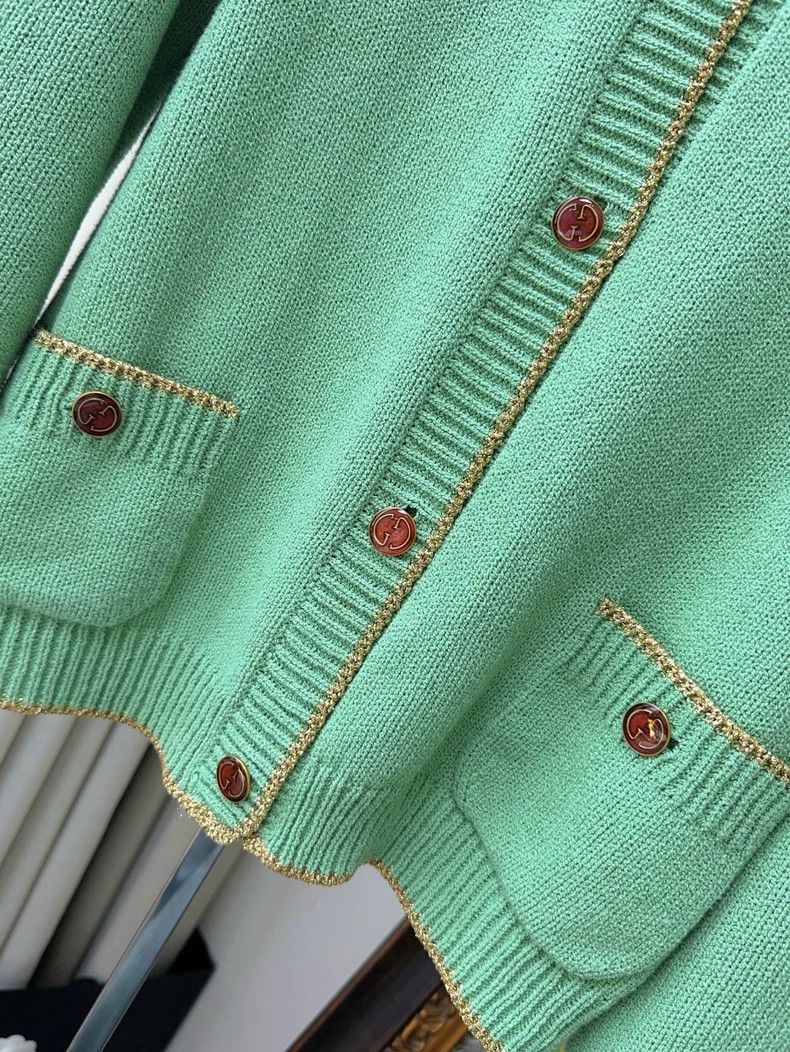 Gucci Gucci Green Knit Cardigan with Gold Trim Size L / US 10 / IT 46 - 3 Thumbnail