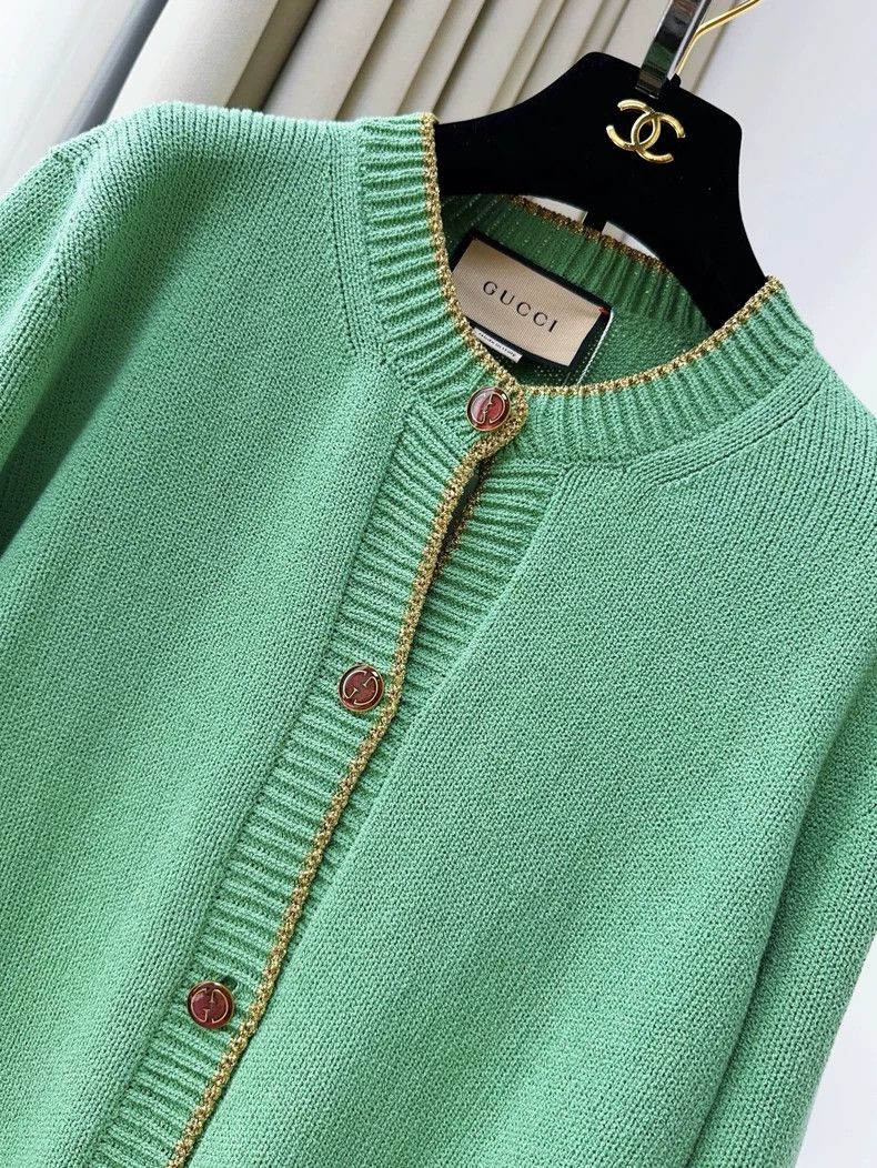 Gucci Gucci Green Knit Cardigan with Gold Trim Size L / US 10 / IT 46 - 4 Thumbnail