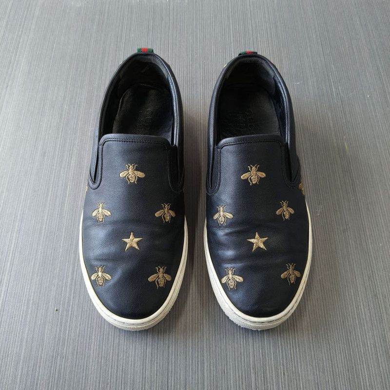 Gucci Gucci Black Leather Bee Embroidery Slip-Ons 0079 Size US 9.5 / EU 42-43 - 2 Thumbnail