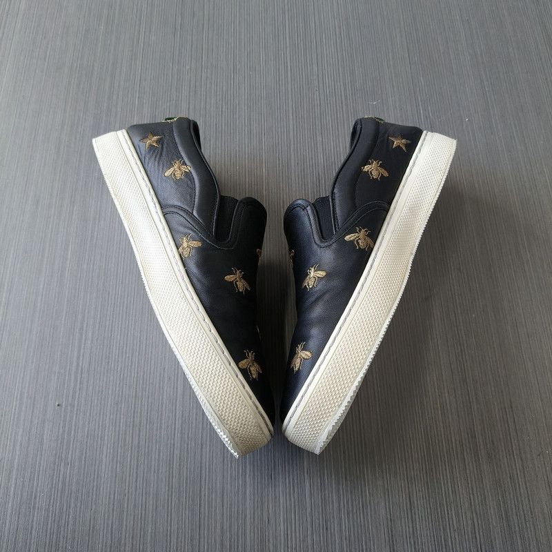 Gucci Gucci Black Leather Bee Embroidery Slip-Ons 0079 Size US 9.5 / EU 42-43 - 8 Thumbnail