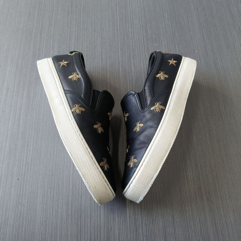 Gucci Gucci Black Leather Bee Embroidery Slip-Ons 0079 Size US 9.5 / EU 42-43 - 9 Thumbnail