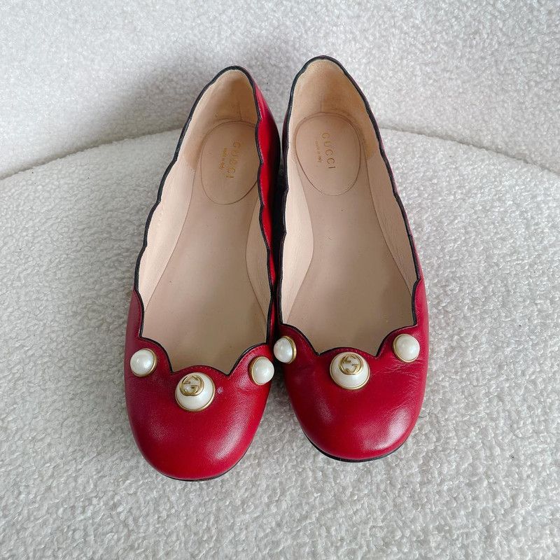 Gucci Gucci Red Leather Fashion Flats with Pearls 0079 Size US 6.5 / EU 39-40 - 2 Thumbnail
