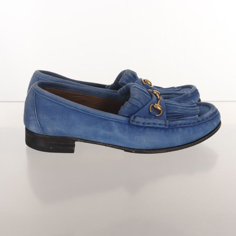 Gucci Blue Leather Fringed Loafers with Metal Detail 0079