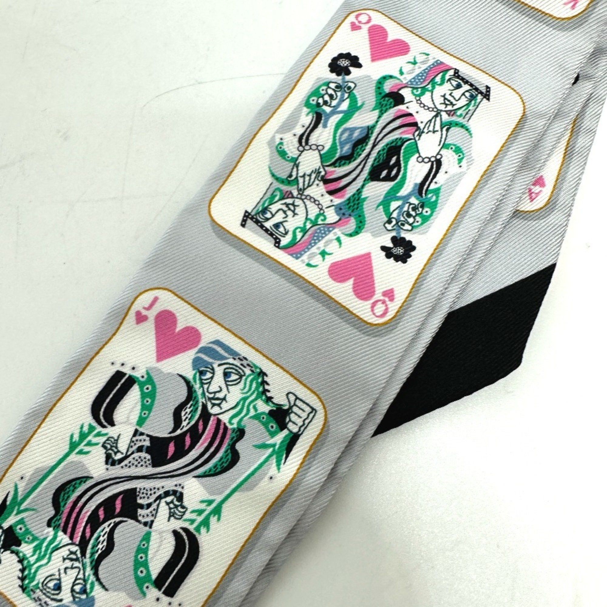 HERMES Playing Card Print Twilly Scarf/Muffler, Silk, Women's, Gray