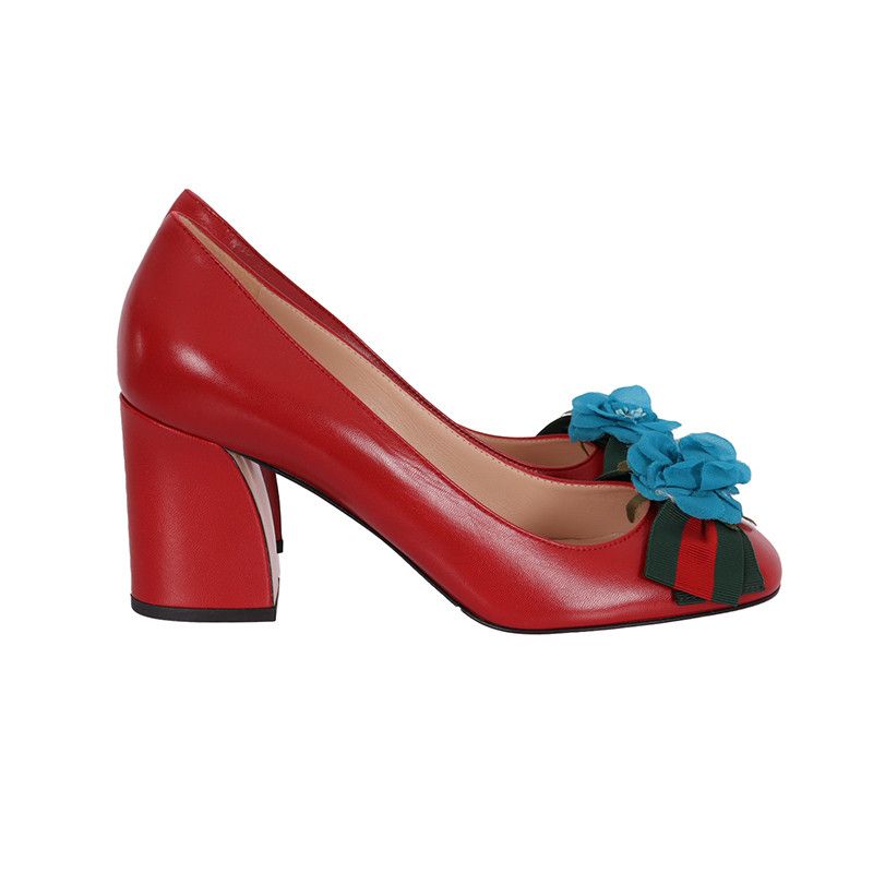 Gucci Gucci Red Leather Chunky Heels with Floral Detail 0079 Size US 7.5 / EU 40-41 - 3 Thumbnail