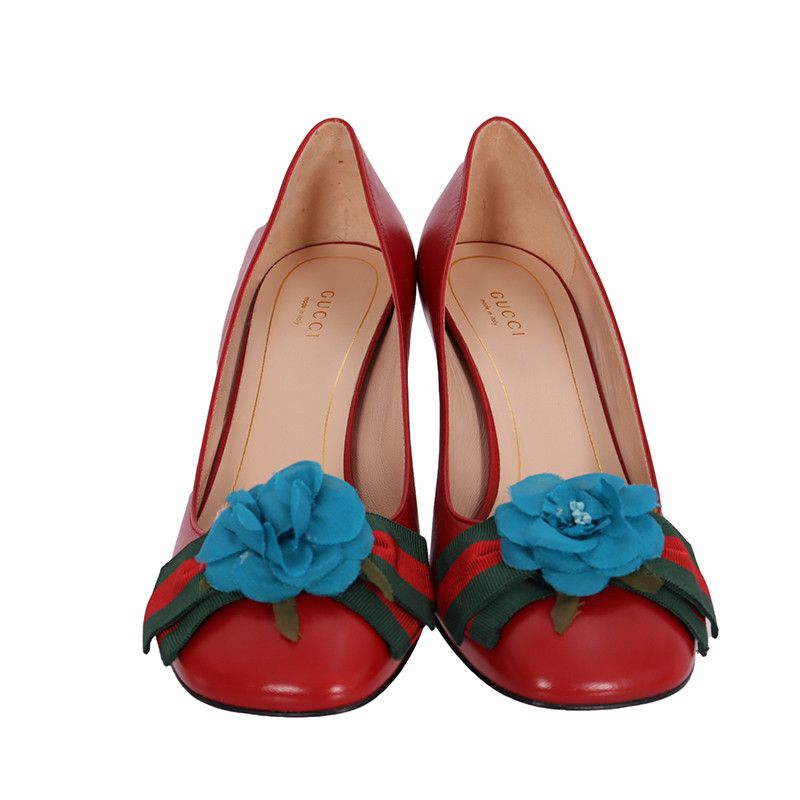Gucci Gucci Red Leather Chunky Heels with Floral Detail 0079 Size US 7.5 / EU 40-41 - 2 Thumbnail