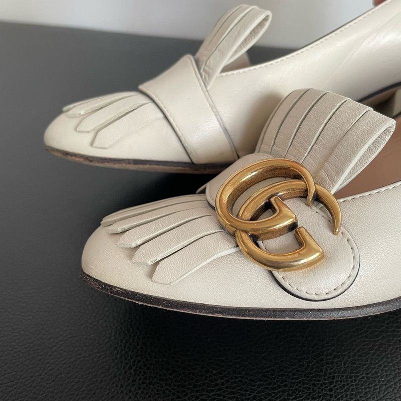 Gucci Gucci White Fringed GG Buckle Heeled Loafers 0079 Size US 5 / EU 37 - 14 Thumbnail