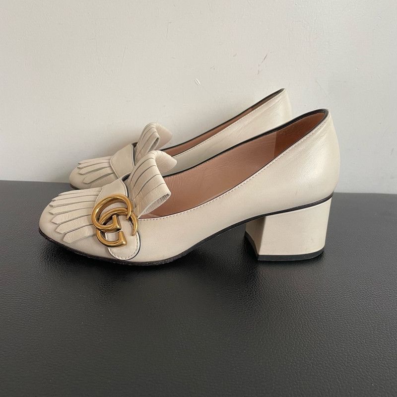 Gucci Gucci White Fringed GG Buckle Heeled Loafers 0079 Size US 5 / EU 37 - 10 Thumbnail