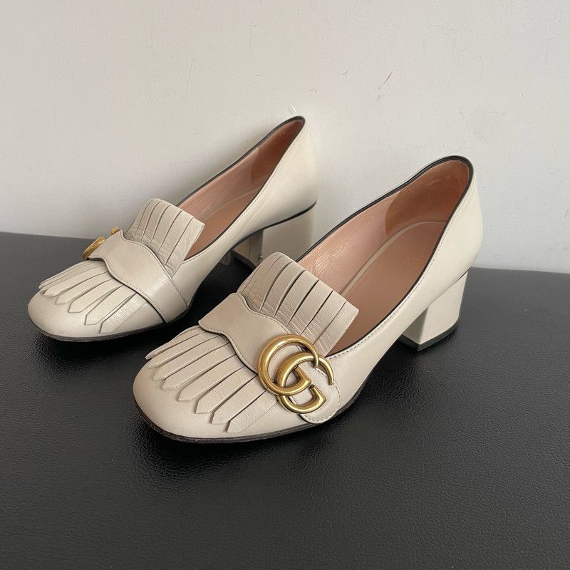 Gucci Gucci White Fringed GG Buckle Heeled Loafers 0079 Size US 5 / EU 37 - 11 Thumbnail