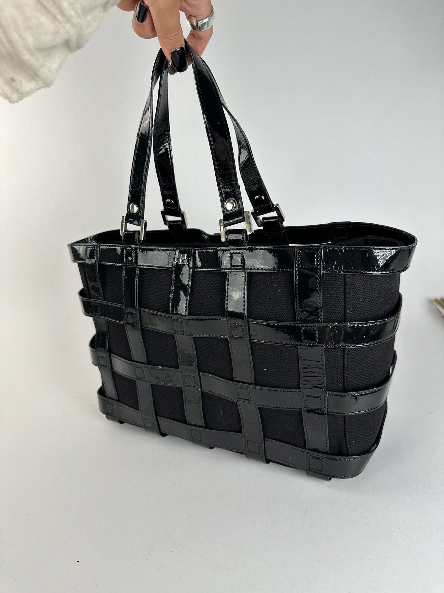 Courreges Vintage Patent Leather cage bag black Size ONE SIZE - 7 Thumbnail