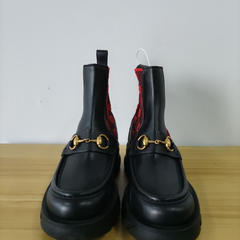 Gucci Gucci Leather GG Knit Ankle Boots in Red and Black 0079 Size US 8.5 / EU 41-42 - 2 Thumbnail