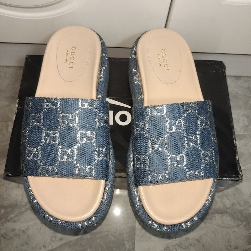 Gucci Gucci Blue and Brown Platform Slides 0079 Size US 5 / EU 37 - 2 Thumbnail