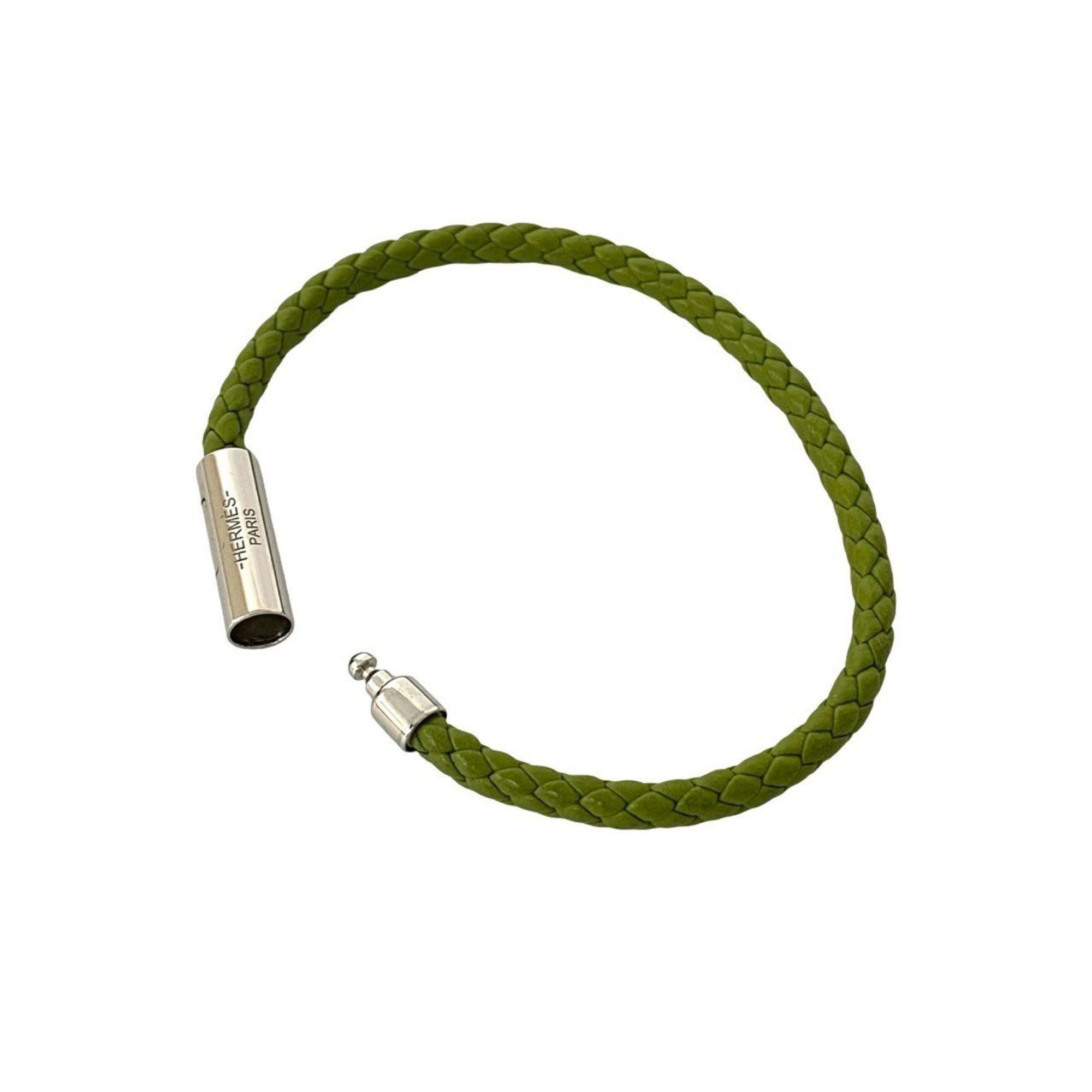 Hermes HERMES Goliath Braided Leather Bracelet/Bangle in Light Green and Silver (99739) Size ONE SIZE - 3 Thumbnail